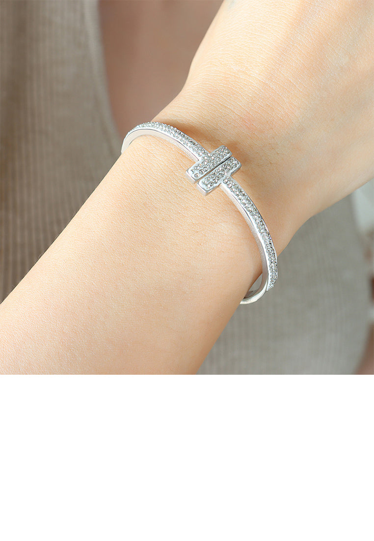 Fashion Brilliant 316L Stainless Steel T Shape Geometric Bangle with Cubic Zirconia - Luxurious Look