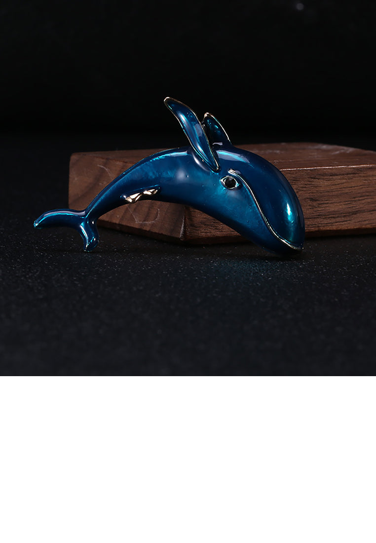 Simple and Cute Plated Gold Blue Dolphin Brooch
