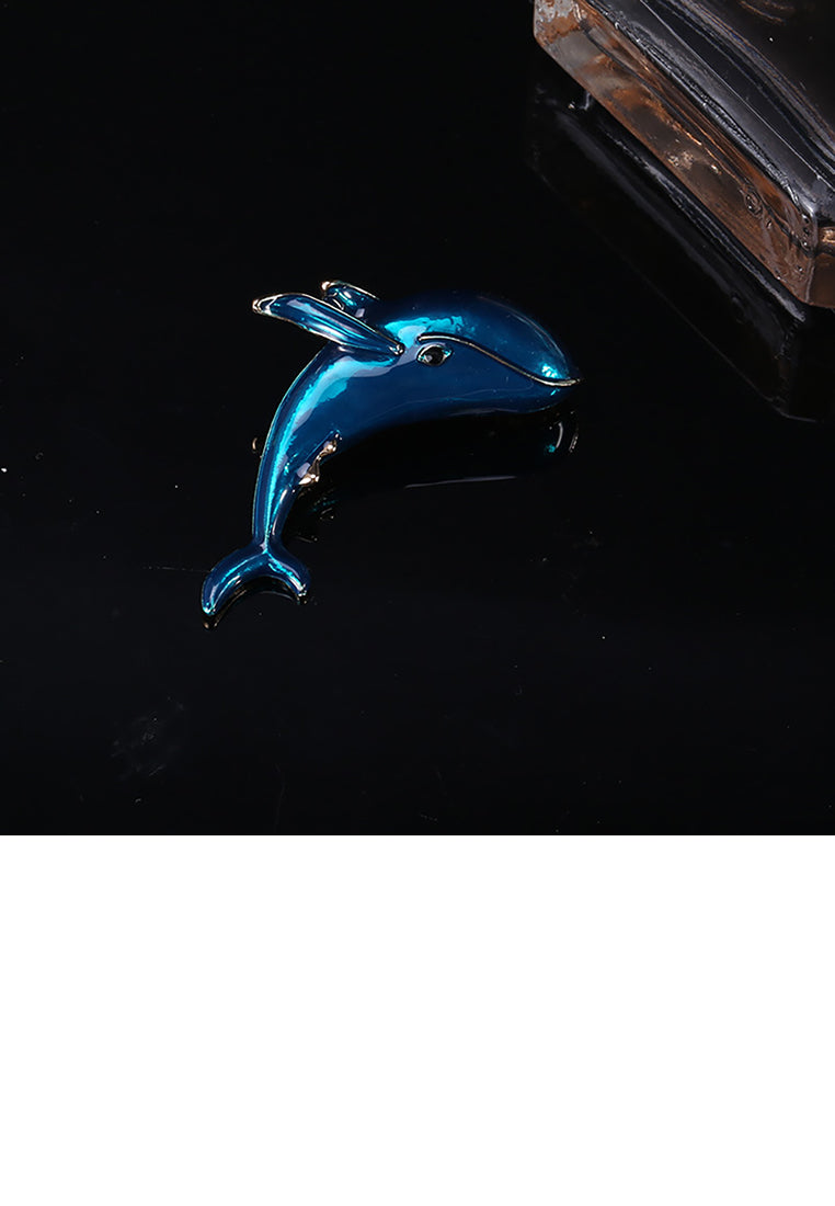 Simple and Cute Plated Gold Blue Dolphin Brooch