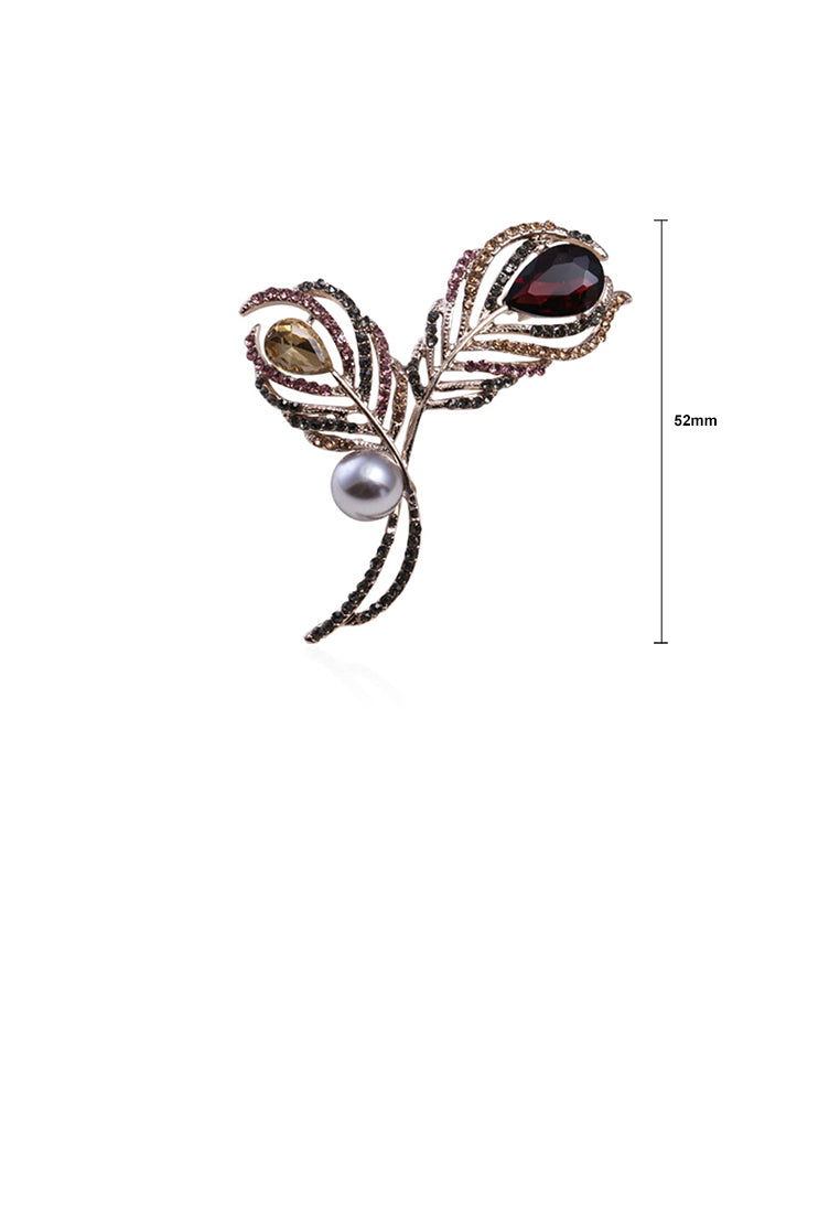Fashion and Elegant Double Leaf Imitation Pearl Brooch with Cubic Zirconia - Luxurious Look