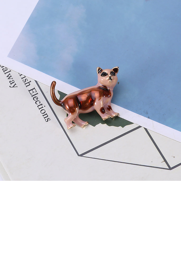 Simple and Cute Brown Puppy Brooch with Black Cubic Zirconia - Luxurious Look - Vibrant Color