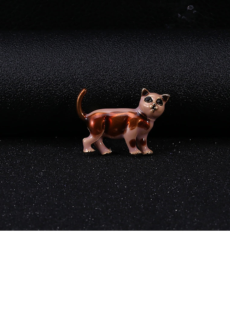 Simple and Cute Brown Puppy Brooch with Black Cubic Zirconia - Luxurious Look - Vibrant Color