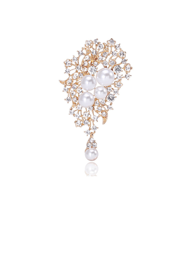 Fashion and Elegant Plated Gold Geometric Floral Imitation Pearl Brooch with Cubic Zirconia - Luxurious Look