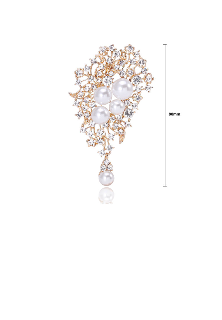 Fashion and Elegant Plated Gold Geometric Floral Imitation Pearl Brooch with Cubic Zirconia - Luxurious Look