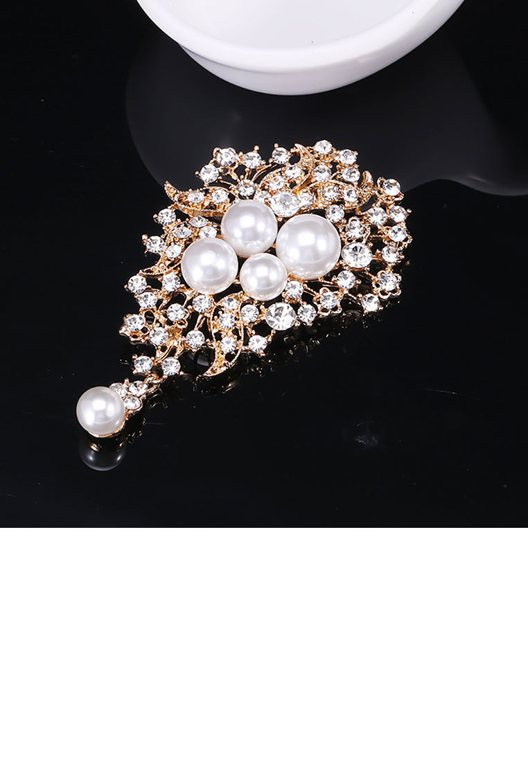 Fashion and Elegant Plated Gold Geometric Floral Imitation Pearl Brooch with Cubic Zirconia - Luxurious Look