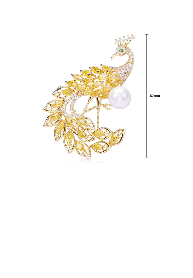 Elegant Brilliant Plated Gold Peacock Imitation Pearl Brooch with Cubic Zirconia - Luxurious Look