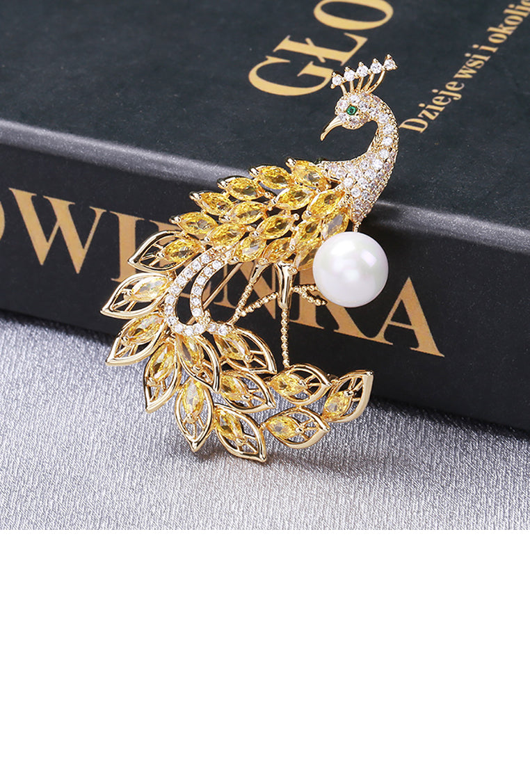 Elegant Brilliant Plated Gold Peacock Imitation Pearl Brooch with Cubic Zirconia - Luxurious Look