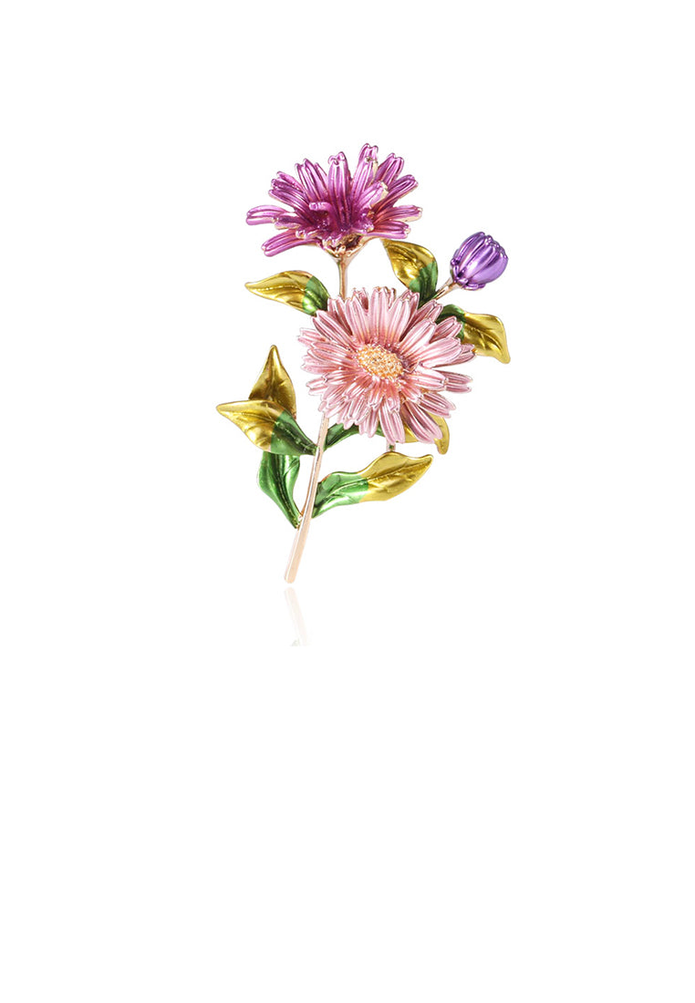 Fashion and Elegant Plated Gold Pink Purple Double Daisy Brooch - Vibrant Color