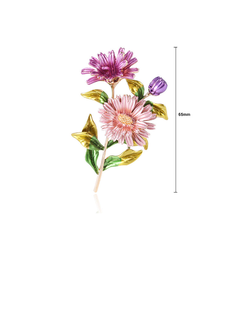 Fashion and Elegant Plated Gold Pink Purple Double Daisy Brooch - Vibrant Color