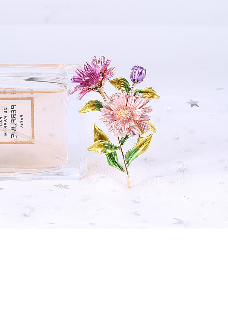 Fashion and Elegant Plated Gold Pink Purple Double Daisy Brooch - Vibrant Color