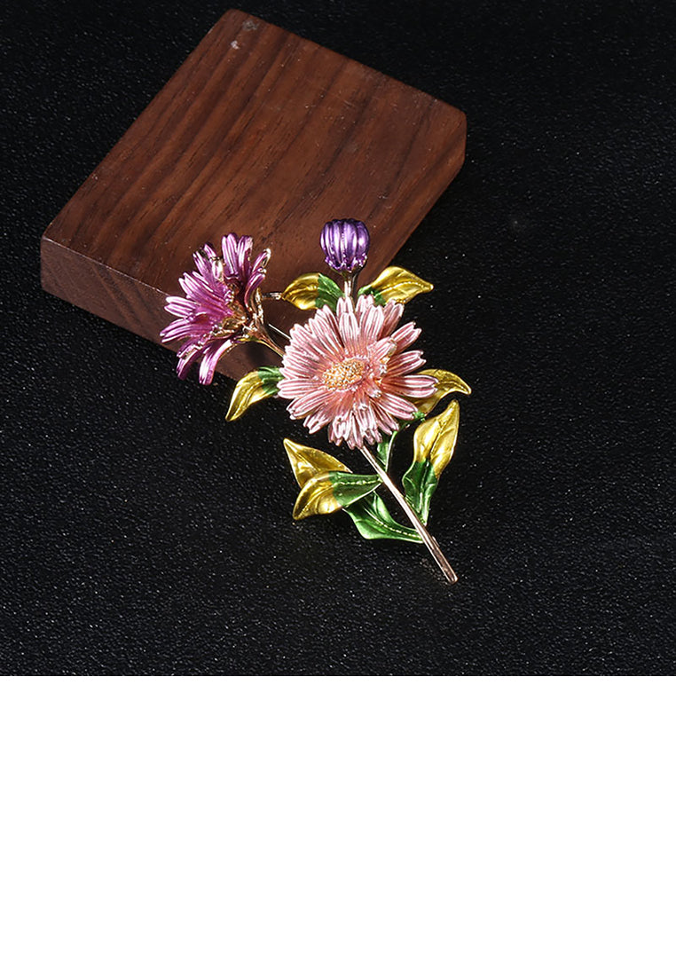 Fashion and Elegant Plated Gold Pink Purple Double Daisy Brooch - Vibrant Color