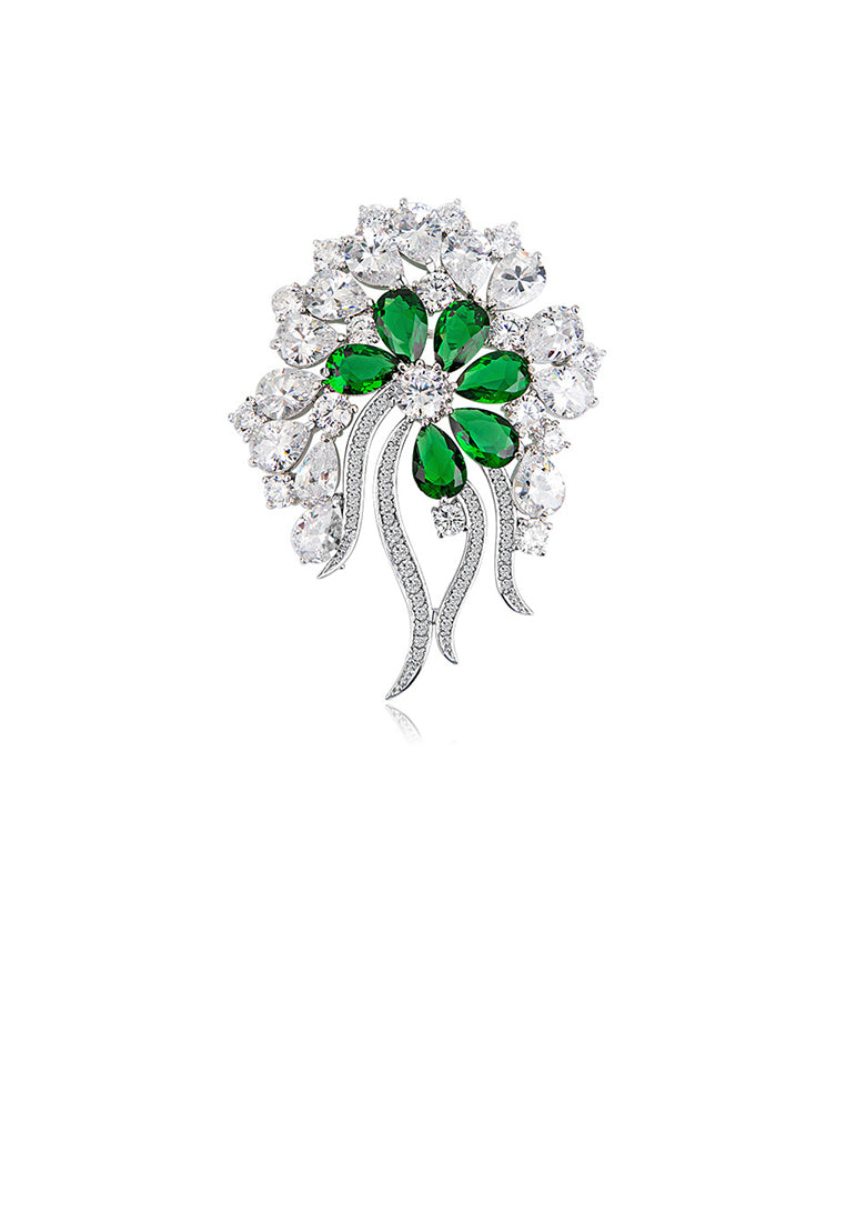 Fashion and Elegant Floral Brooch with Green Cubic Zirconia - Luxurious Look