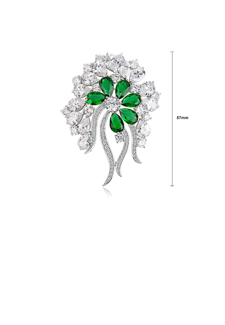 Fashion and Elegant Floral Brooch with Green Cubic Zirconia - Luxurious Look