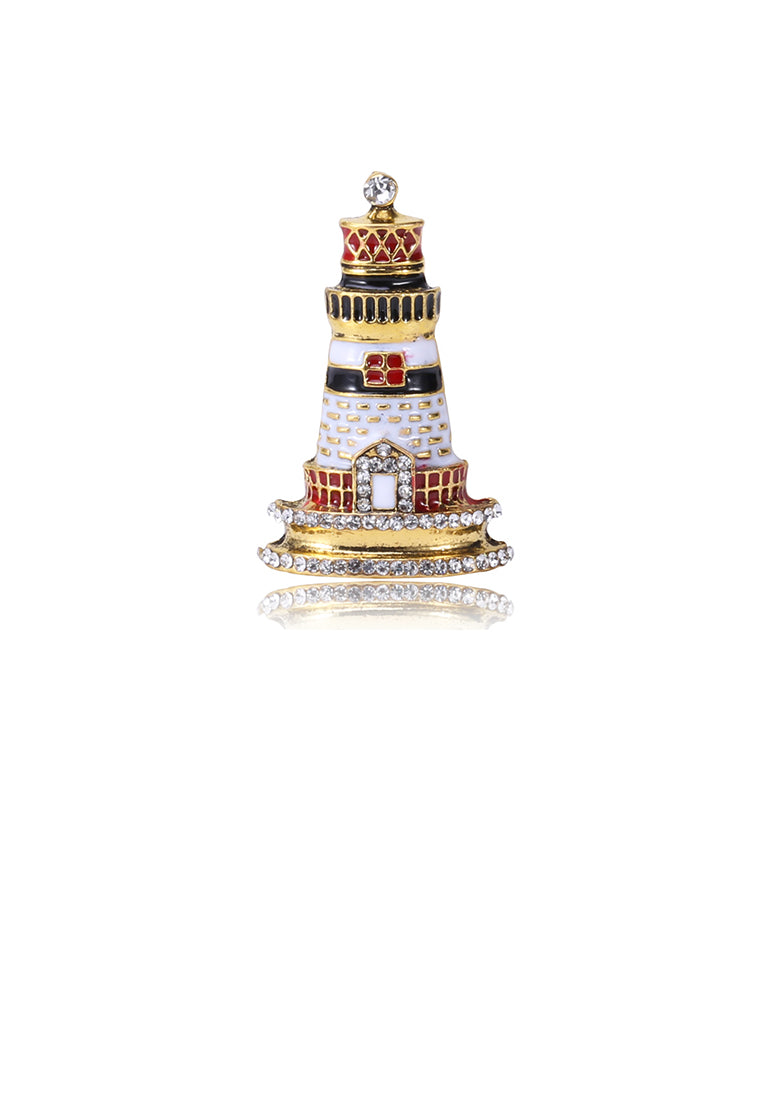 Fashion Personality Plated Gold Lighthouse Brooch with Cubic Zirconia - Luxurious Look