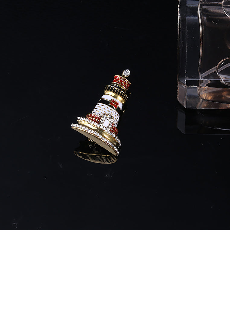 Fashion Personality Plated Gold Lighthouse Brooch with Cubic Zirconia - Luxurious Look