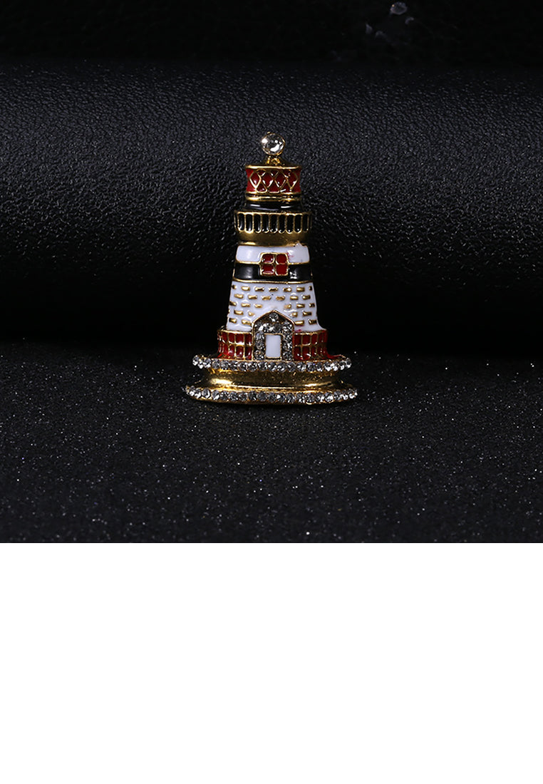 Fashion Personality Plated Gold Lighthouse Brooch with Cubic Zirconia - Luxurious Look