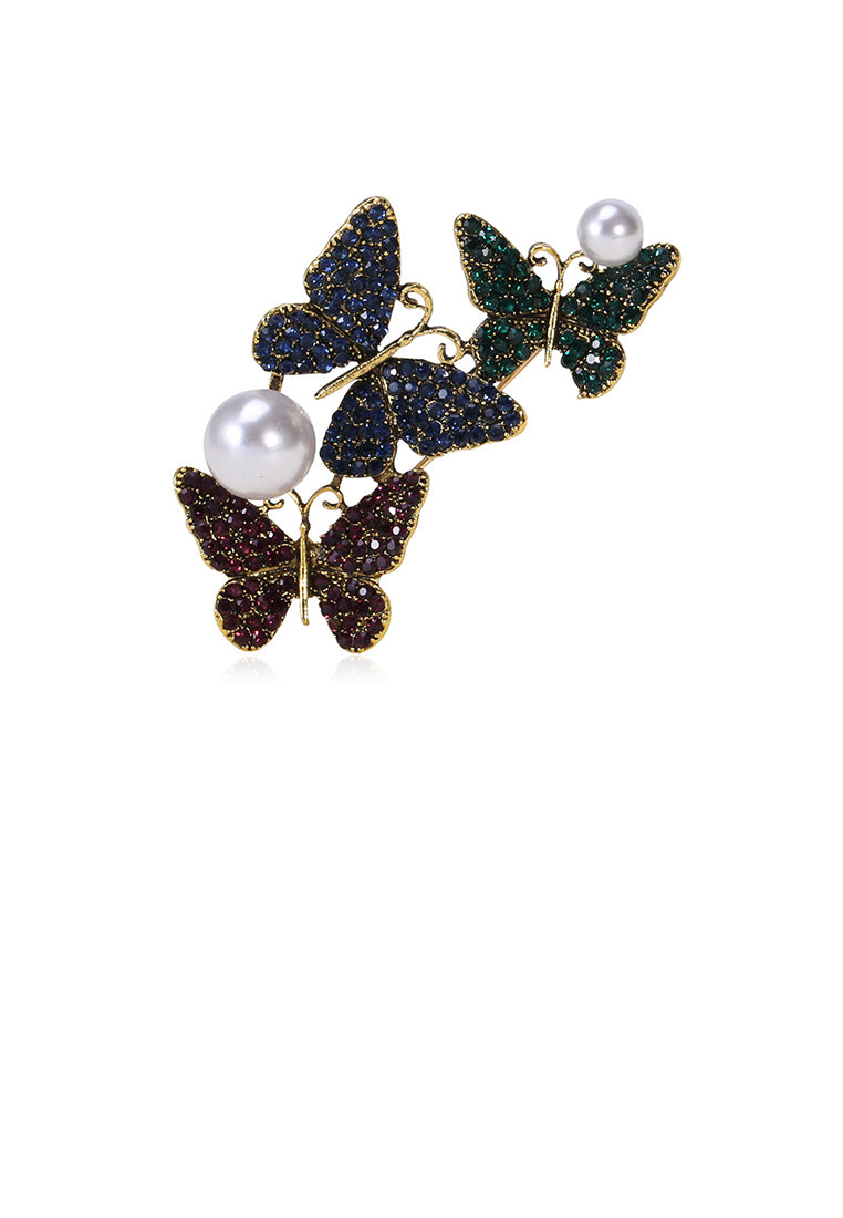 Fashion and Dazzling Plated Gold Butterfly Imitation Pearl Brooch with Brown Cubic Zirconia - Luxurious Look - Vibrant Color