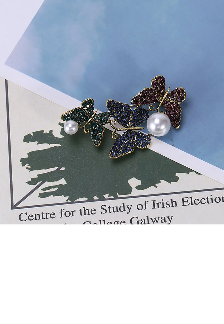 Fashion and Dazzling Plated Gold Butterfly Imitation Pearl Brooch with Brown Cubic Zirconia - Luxurious Look - Vibrant Color