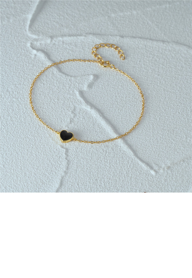 925 Sterling Silver Plated Gold Simple and Fashion Enamel Black Heart-shaped Bracelet