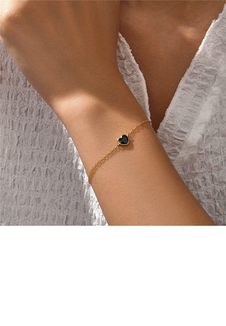 925 Sterling Silver Plated Gold Simple and Fashion Enamel Black Heart-shaped Bracelet