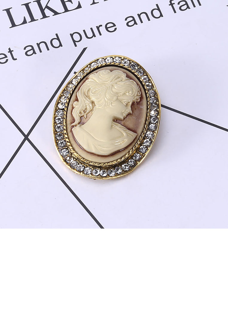 Fashion Vintage Plated Gold Beauty Figure Geometric Oval Brooch with Cubic Zirconia - Luxurious Look