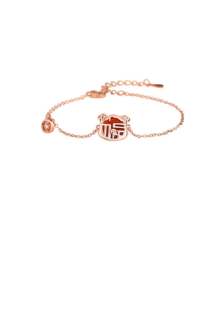 925 Sterling Silver Plated Rose Gold Fashion Vintage Zodiac Pig Imitation Agate Copper Coin Bracelet with Cubic Zirconia - Luxurious Look