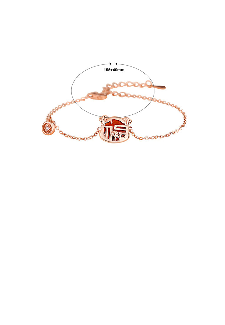 925 Sterling Silver Plated Rose Gold Fashion Vintage Zodiac Pig Imitation Agate Copper Coin Bracelet with Cubic Zirconia - Luxurious Look