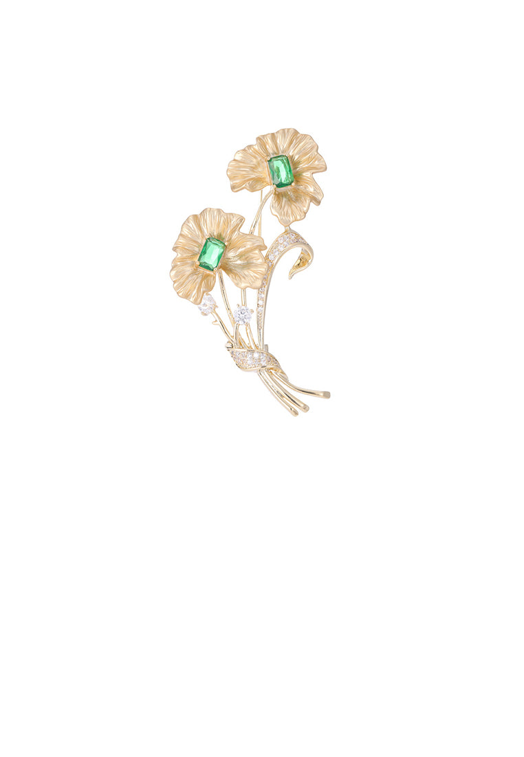 Fashion and Elegant Plated Gold Flower Brooch with Cubic Zirconia - Luxurious Look