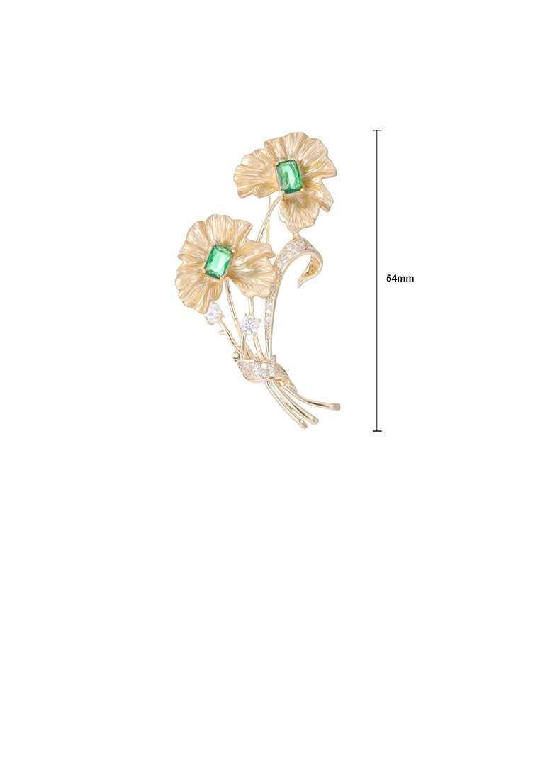 Fashion and Elegant Plated Gold Flower Brooch with Cubic Zirconia - Luxurious Look