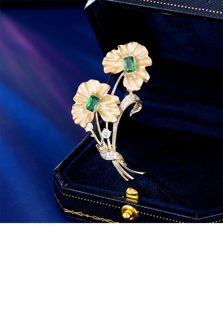 Fashion and Elegant Plated Gold Flower Brooch with Cubic Zirconia - Luxurious Look