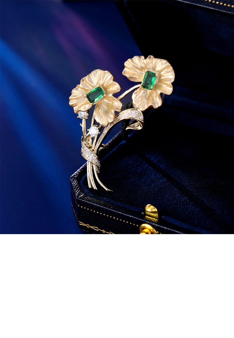 Fashion and Elegant Plated Gold Flower Brooch with Cubic Zirconia - Luxurious Look
