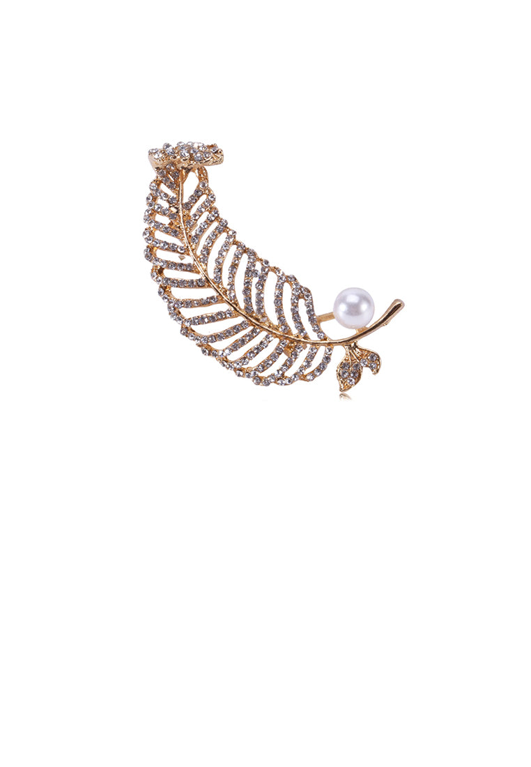 Fashion and Elegant Plated Gold Leaf Imitation Pearl Brooch with Cubic Zirconia - Luxurious Look