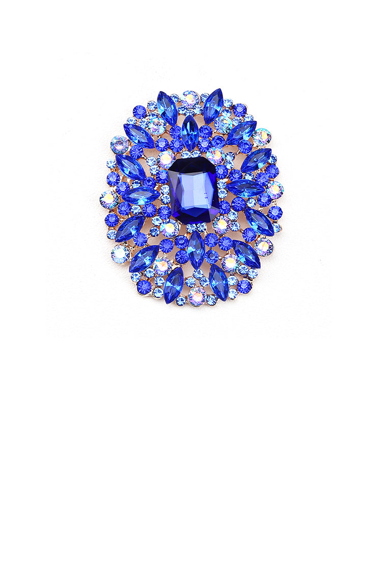 Elegant and Bright Plated Gold Geometric Pattern Brooch with Blue Cubic Zirconia - Luxurious Look