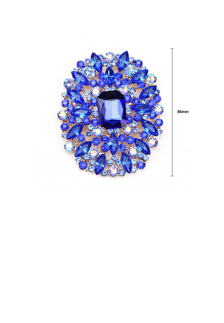 Elegant and Bright Plated Gold Geometric Pattern Brooch with Blue Cubic Zirconia - Luxurious Look