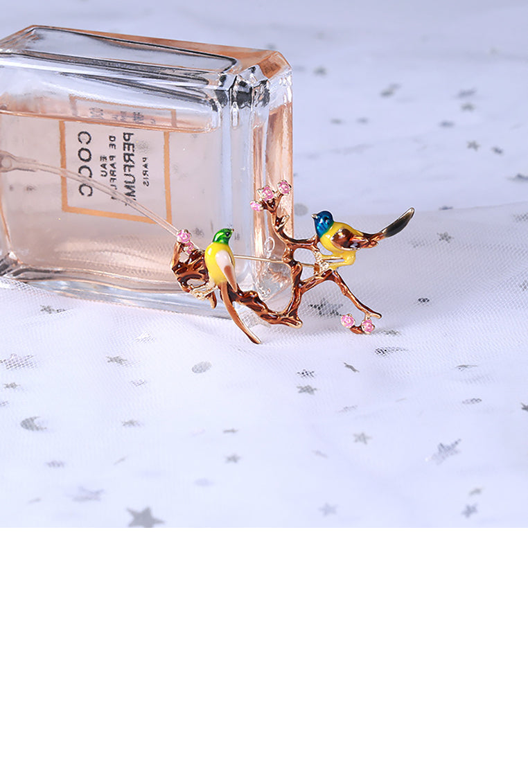 Fashion and Elegant Plated Gold Enamel Plum Blossom Bird Brooch
