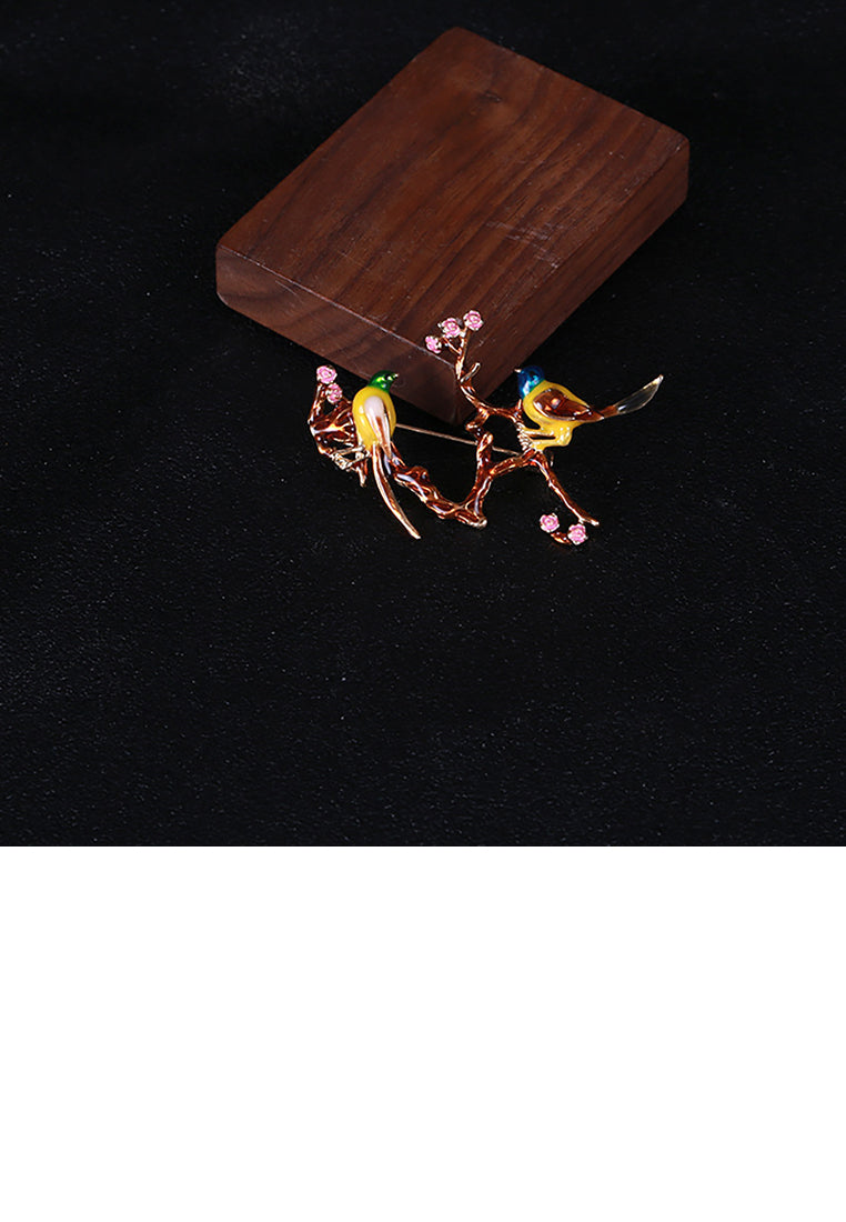 Fashion and Elegant Plated Gold Enamel Plum Blossom Bird Brooch