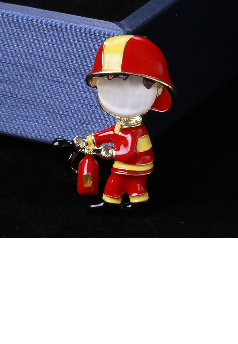 Fashion and Cute Plated Gold Enamel Red Firefighter Imitation Opal Brooch - Vibrant Color