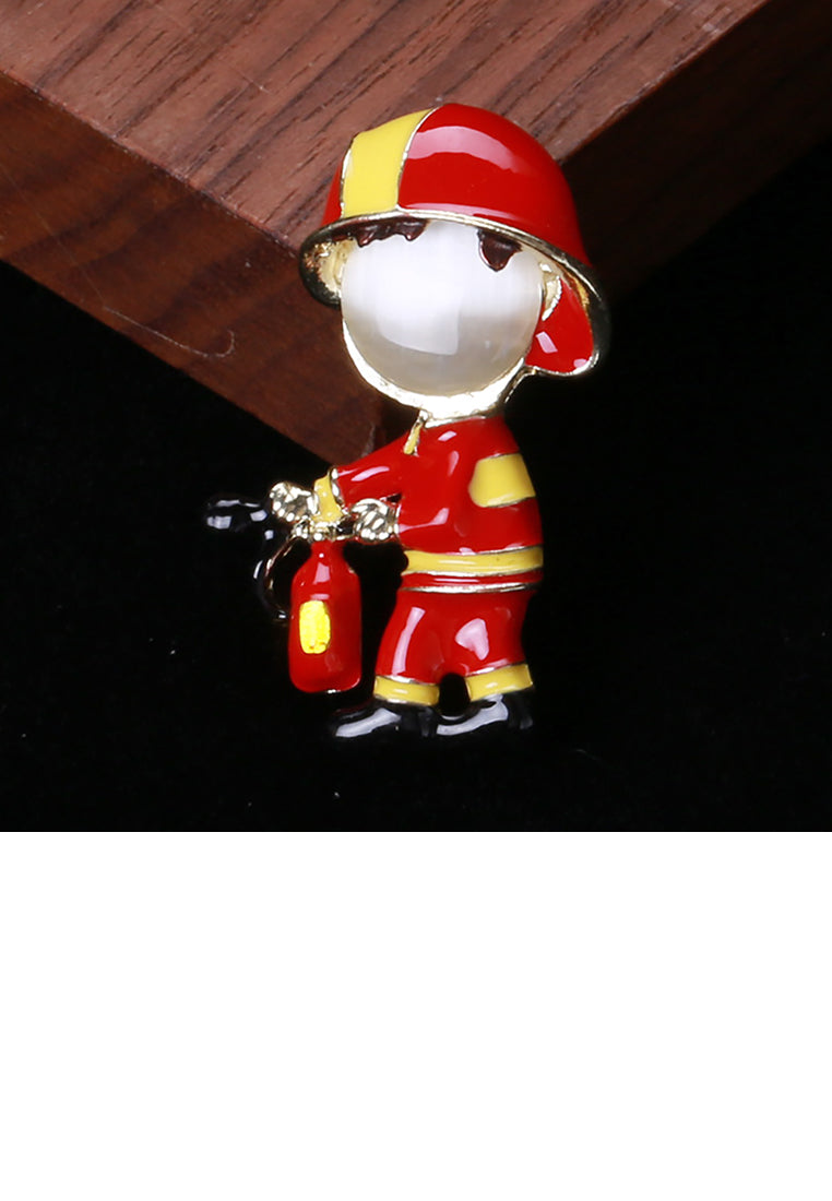 Fashion and Cute Plated Gold Enamel Red Firefighter Imitation Opal Brooch - Vibrant Color