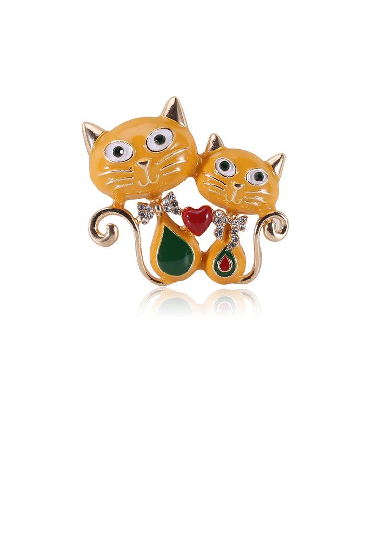 Fashion Personality Plated Gold Enamel Yellow Double Cat Heart-shaped Brooch with Cubic Zirconia - Luxurious Look