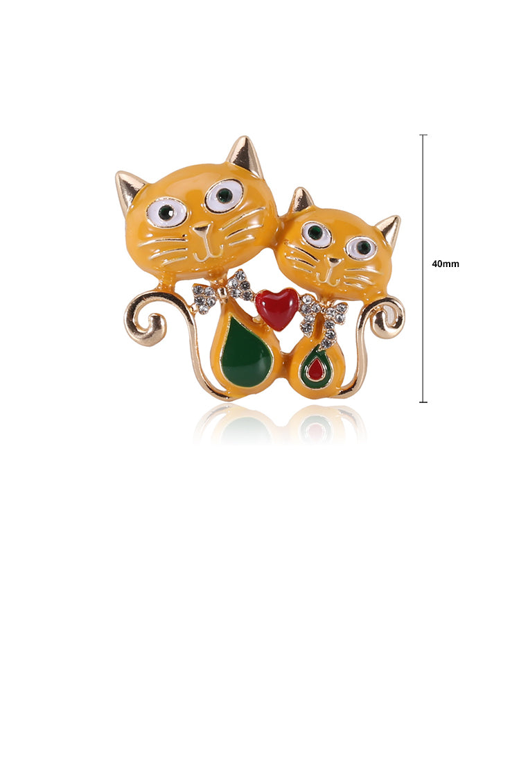 Fashion Personality Plated Gold Enamel Yellow Double Cat Heart-shaped Brooch with Cubic Zirconia - Luxurious Look