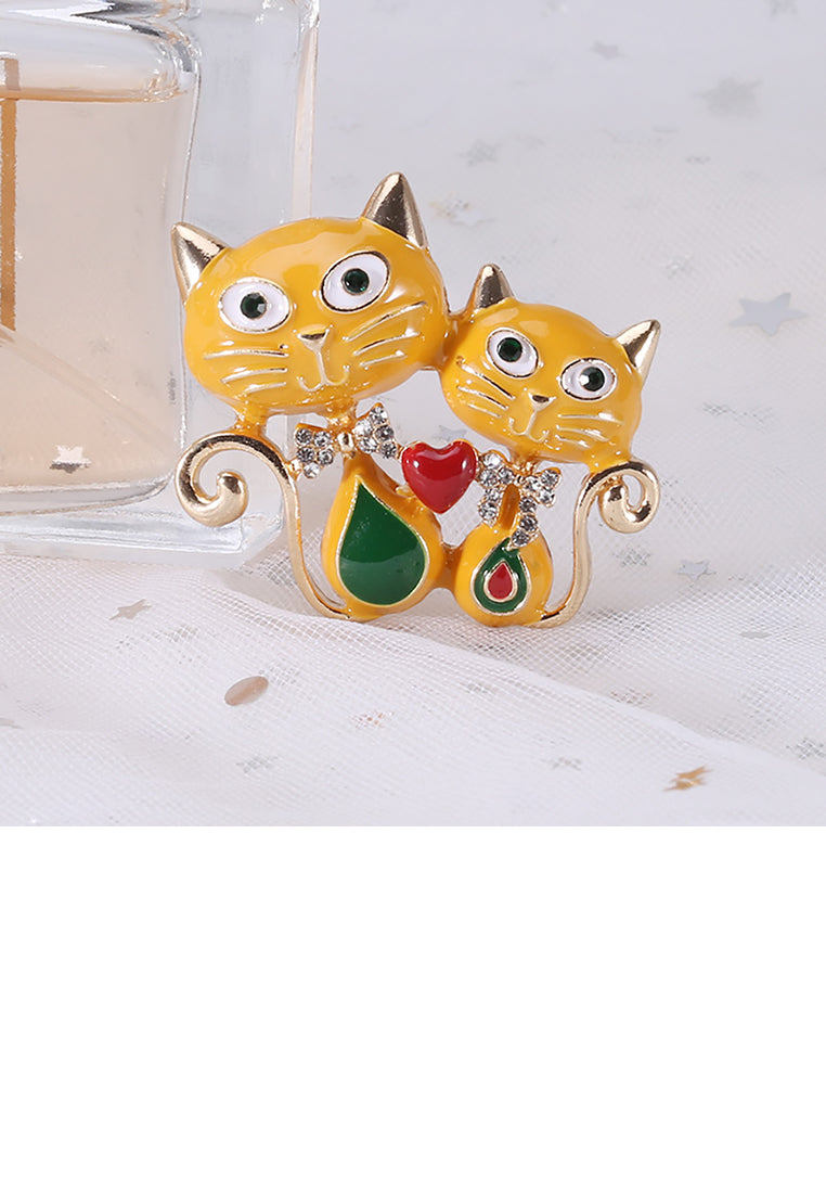 Fashion Personality Plated Gold Enamel Yellow Double Cat Heart-shaped Brooch with Cubic Zirconia - Luxurious Look