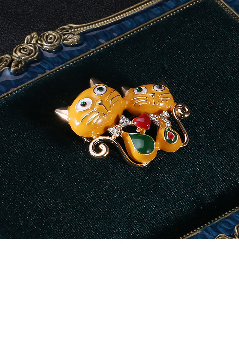 Fashion Personality Plated Gold Enamel Yellow Double Cat Heart-shaped Brooch with Cubic Zirconia - Luxurious Look