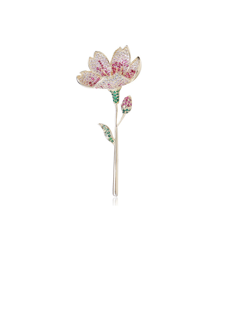 Simple Temperament Plated Gold Flower Brooch with Purple Cubic Zirconia - Luxurious Look