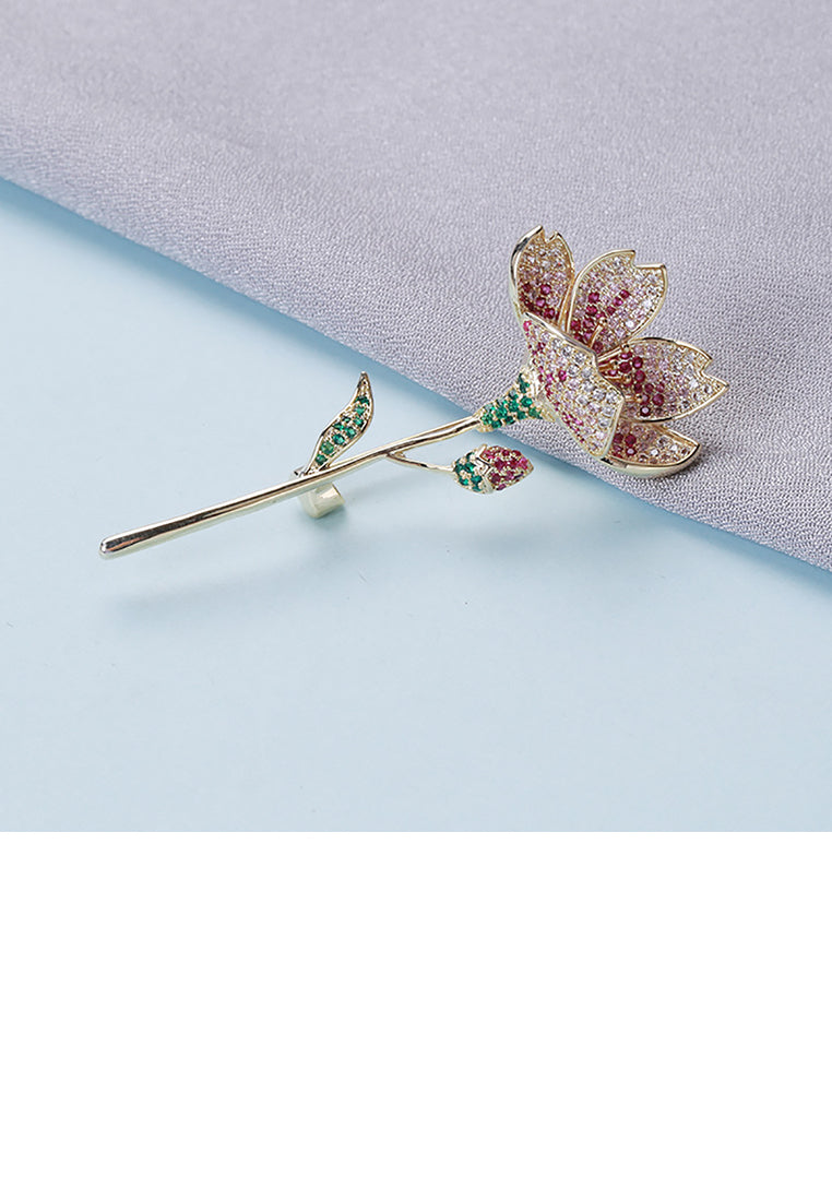 Simple Temperament Plated Gold Flower Brooch with Purple Cubic Zirconia - Luxurious Look