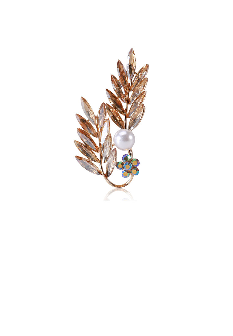 Fashion Temperament Plated Gold Floral Imitation Pearl Brooch with Champagne Cubic Zirconia - Luxurious Look