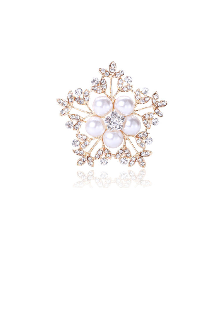 Fashion and Elegant Plated Gold Snowflake Imitation Pearl Brooch with Cubic Zirconia - Luxurious Look