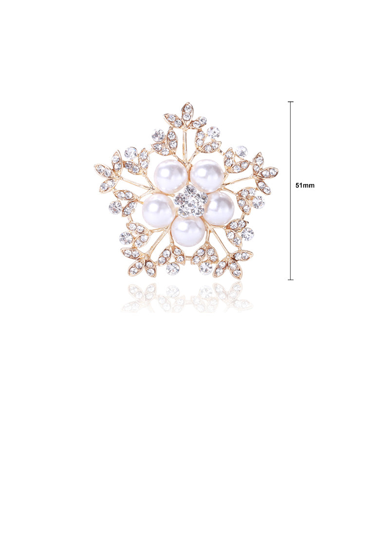 Fashion and Elegant Plated Gold Snowflake Imitation Pearl Brooch with Cubic Zirconia - Luxurious Look