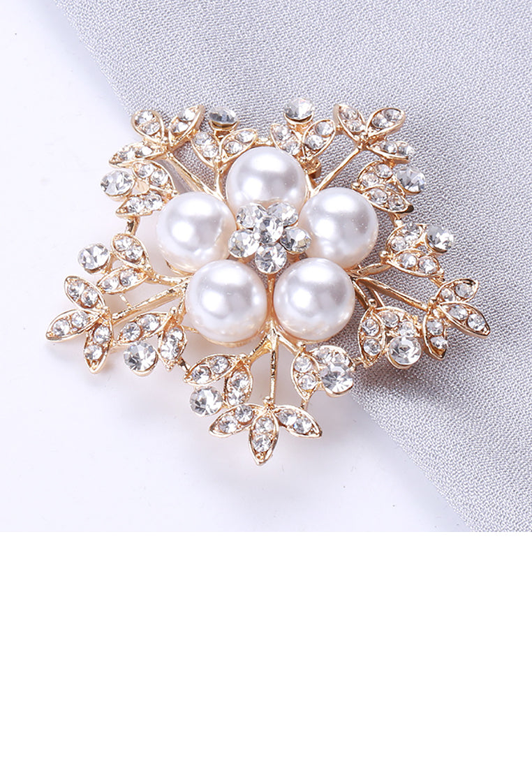Fashion and Elegant Plated Gold Snowflake Imitation Pearl Brooch with Cubic Zirconia - Luxurious Look