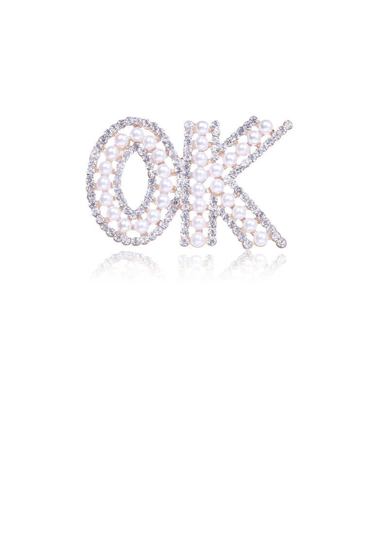 Fashion Personality Plated Gold English Word OK Imitation Pearl Brooch with Cubic Zirconia - Luxurious Look