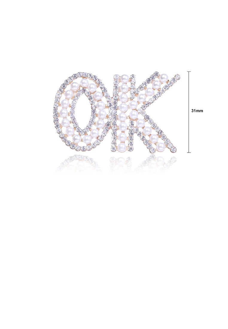 Fashion Personality Plated Gold English Word OK Imitation Pearl Brooch with Cubic Zirconia - Luxurious Look